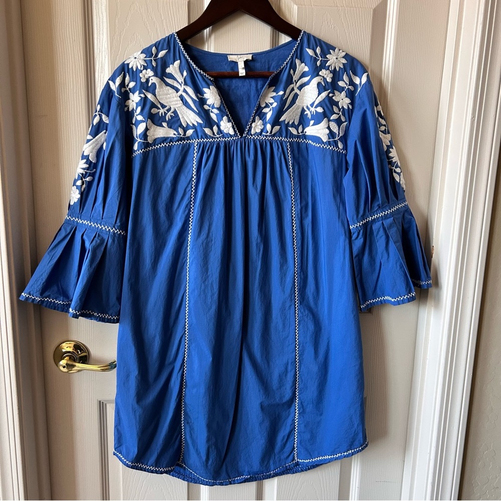 Joie Baja Blue and White Bell Sleeve Embroidered Dress, Small 100% Cotton
